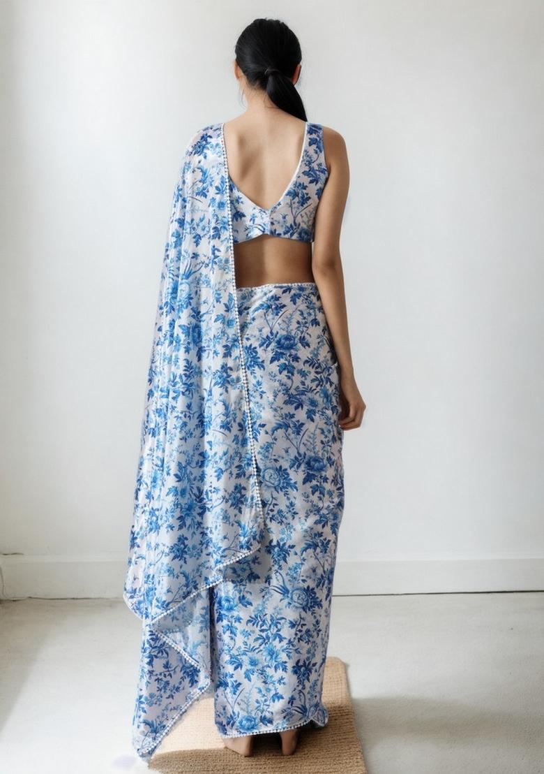 White Abstract Print Art Silk Saree Set