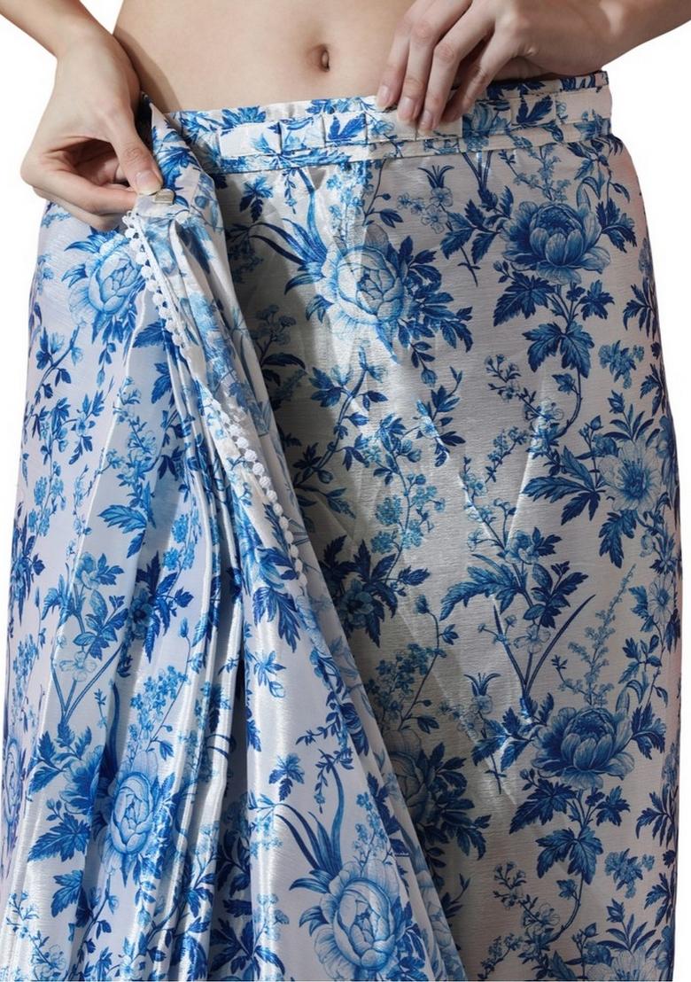 White Abstract Print Art Silk Saree Set