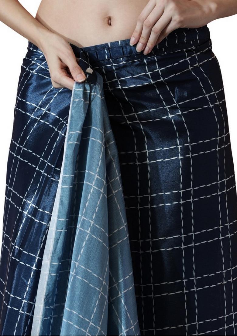 Navy Blue Abstract Print Art Silk Saree Set