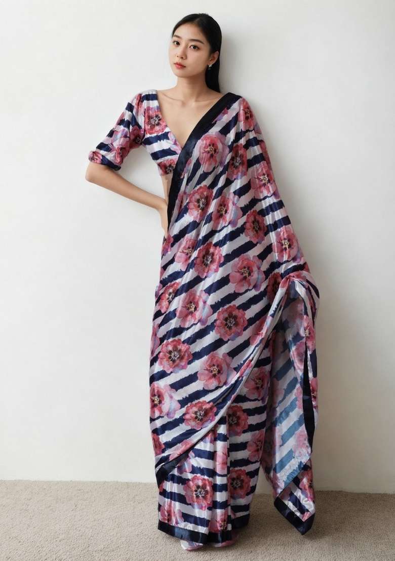 Multicolor Abstract Print Art Silk Saree Set for Diwali and Festive Wear - Indya