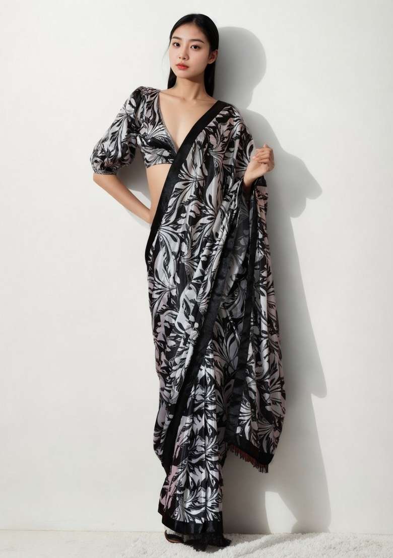 Black Art Silk Saree Set with Abstract Print for Diwali | Wedding & Festive Wear - Indya