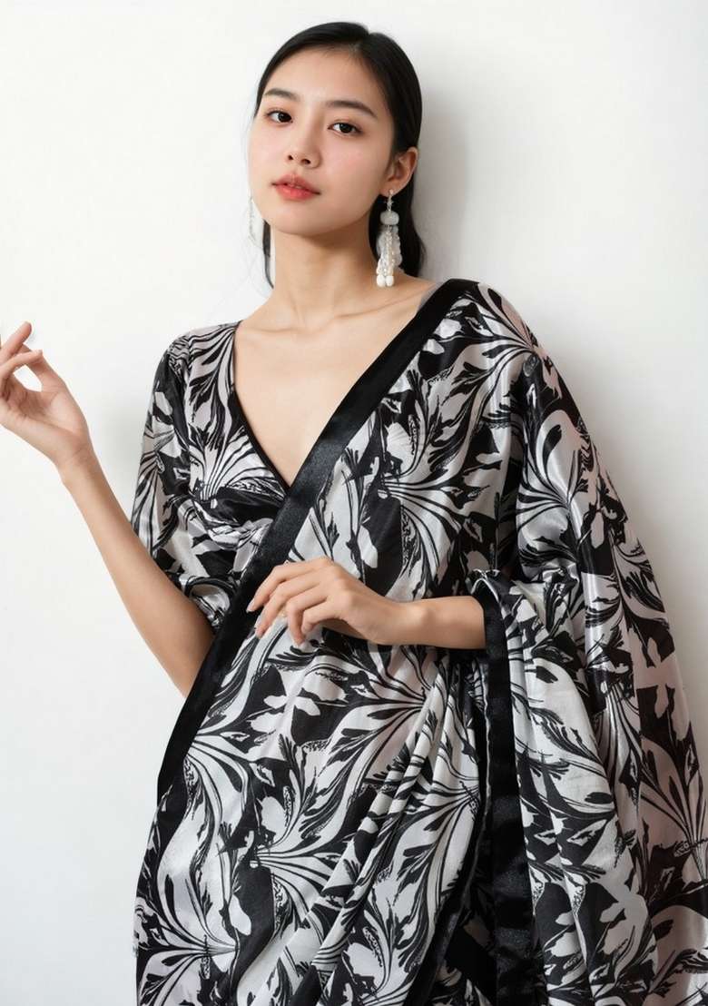Black Art Silk Saree Set with Abstract Print for Diwali | Wedding & Festive Wear - Indya