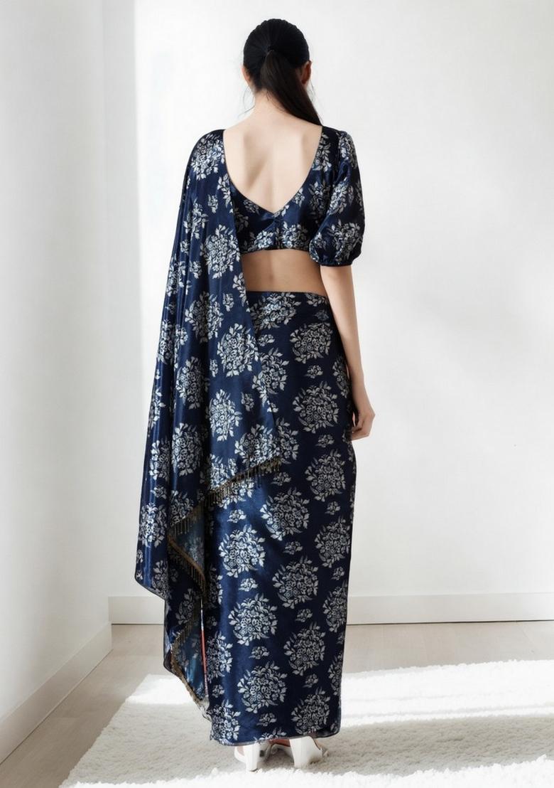 Navy Blue Abstract Print Art Silk Saree Set