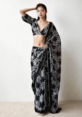 Black Abstract Print Art Silk Saree Set