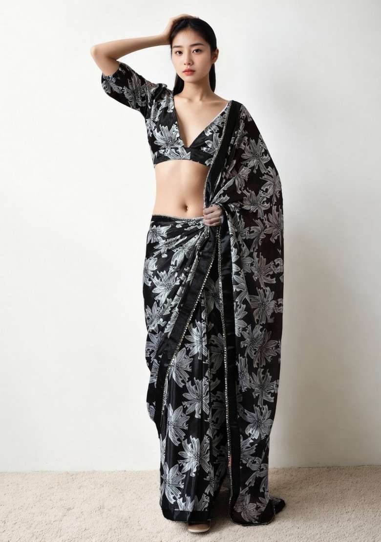 Black Abstract Print Art Silk Saree Set for Diwali and Festive Wear - Indya
