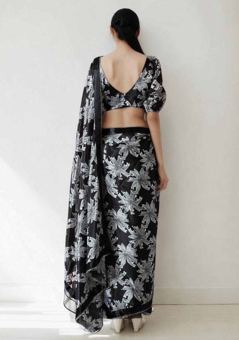 Black Abstract Print Art Silk Saree Set