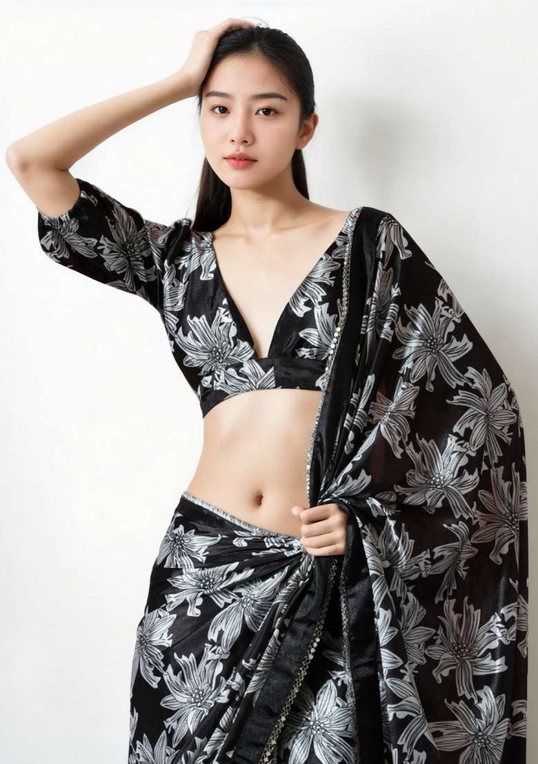 Black Abstract Print Art Silk Saree Set for Diwali and Festive Wear - Indya