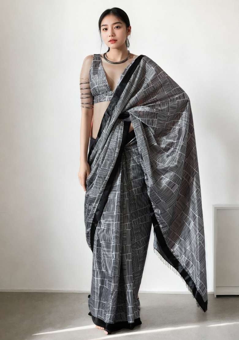 Black Abstract Print Art Silk Saree Set for Diwali and Festive Wear - Indya