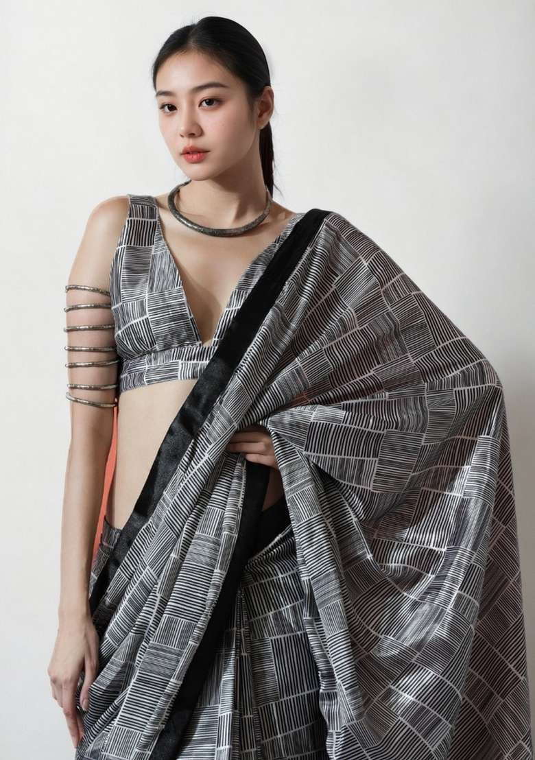 Black Abstract Print Art Silk Saree Set for Diwali and Festive Wear - Indya