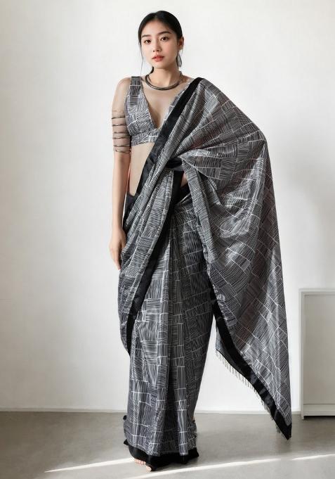 Black Abstract Print Art Silk Saree Set