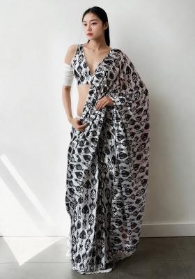 Grey Abstract Print Art Silk Saree Set