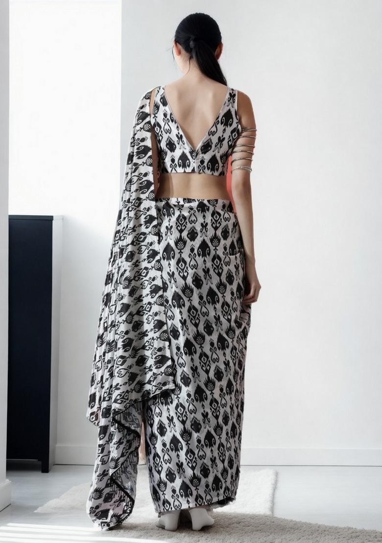 Grey Abstract Print Art Silk Saree Set