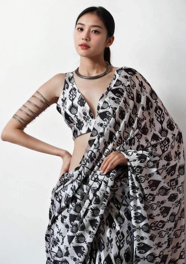 Grey Art Silk Saree Set with Abstract Print for Diwali | Wedding & Festive Wear - Indya