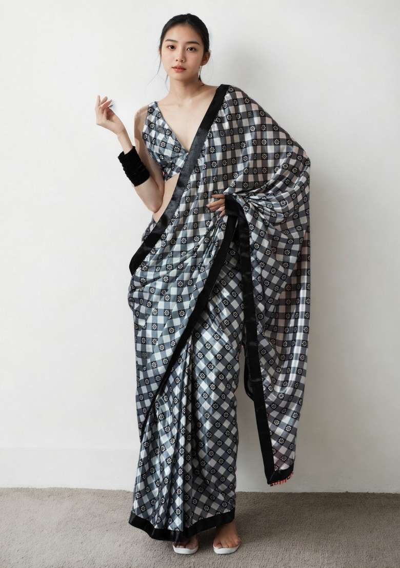 Black Art Silk Saree Set with Abstract Print for Diwali | Wedding & Festive Wear - Indya