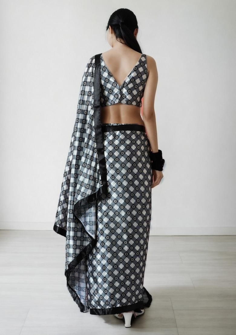 Black Abstract Print Art Silk Saree Set