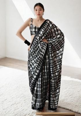 Black Abstract Print Art Silk Saree Set