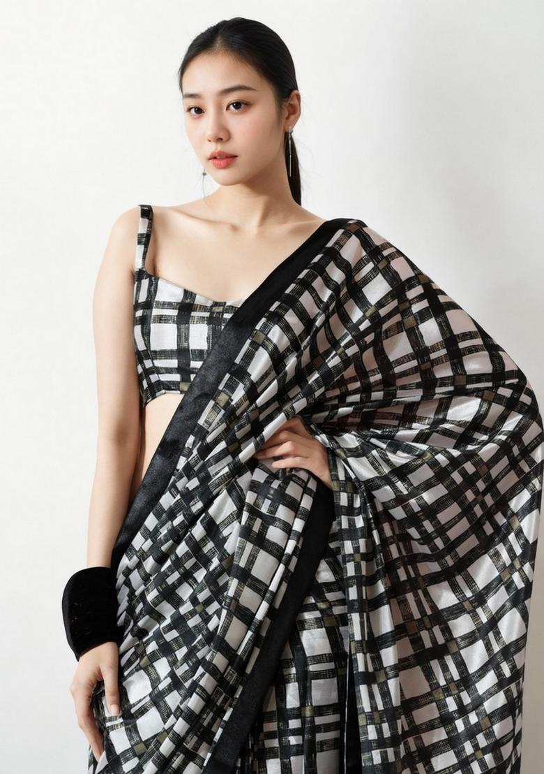 Black Abstract Print Art Silk Saree Set