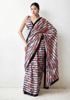 Cream Abstract Print Art Silk Saree Set