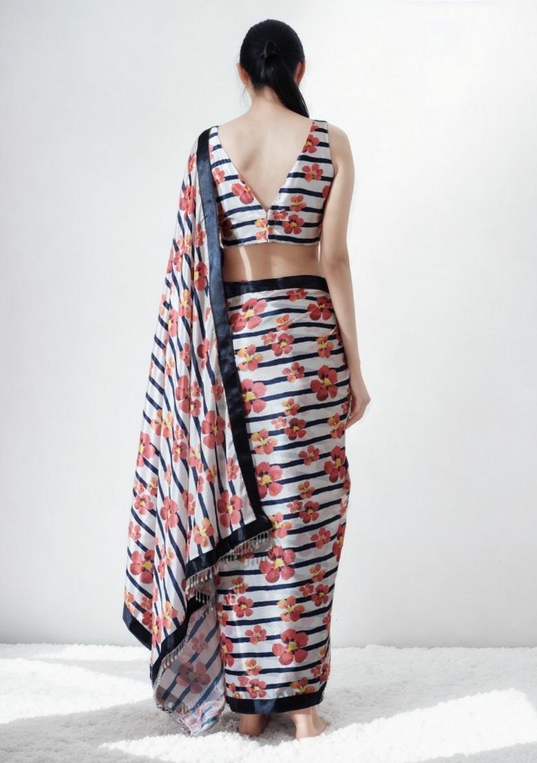 Cream Abstract Print Art Silk Saree Set