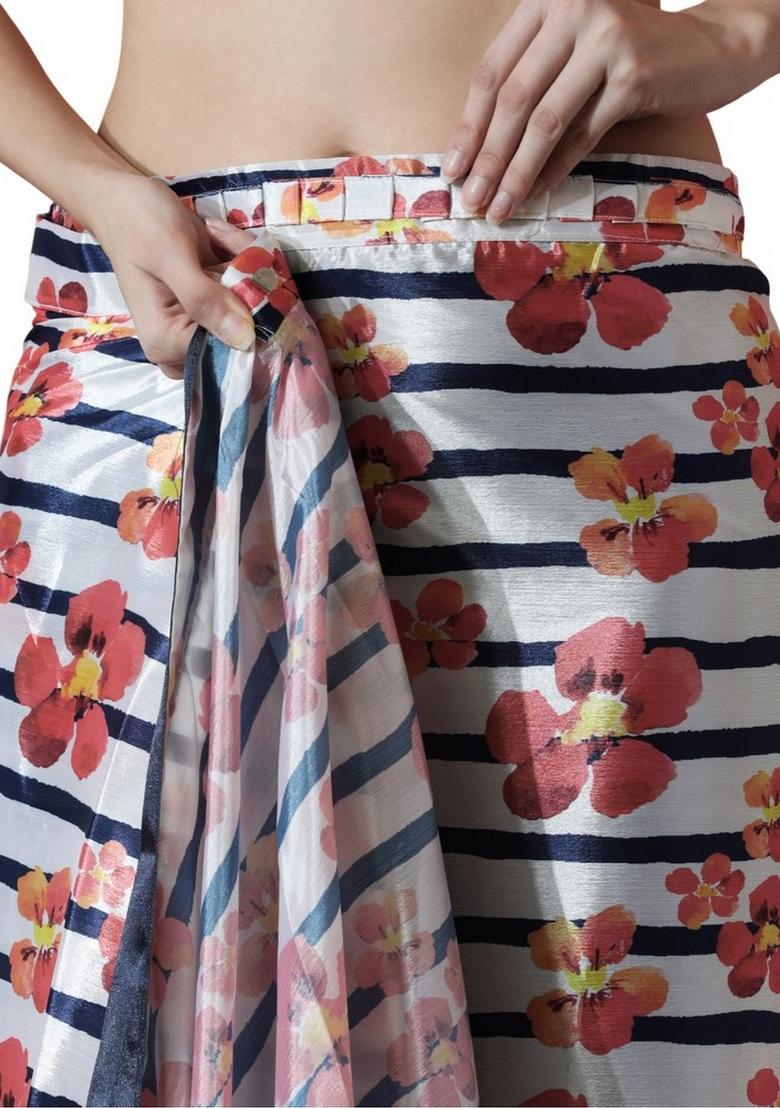 Cream Abstract Print Art Silk Saree Set