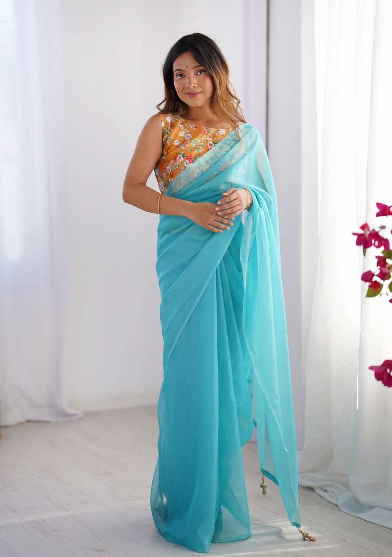 Orange Abstract Print Art Silk Saree Set - Indya