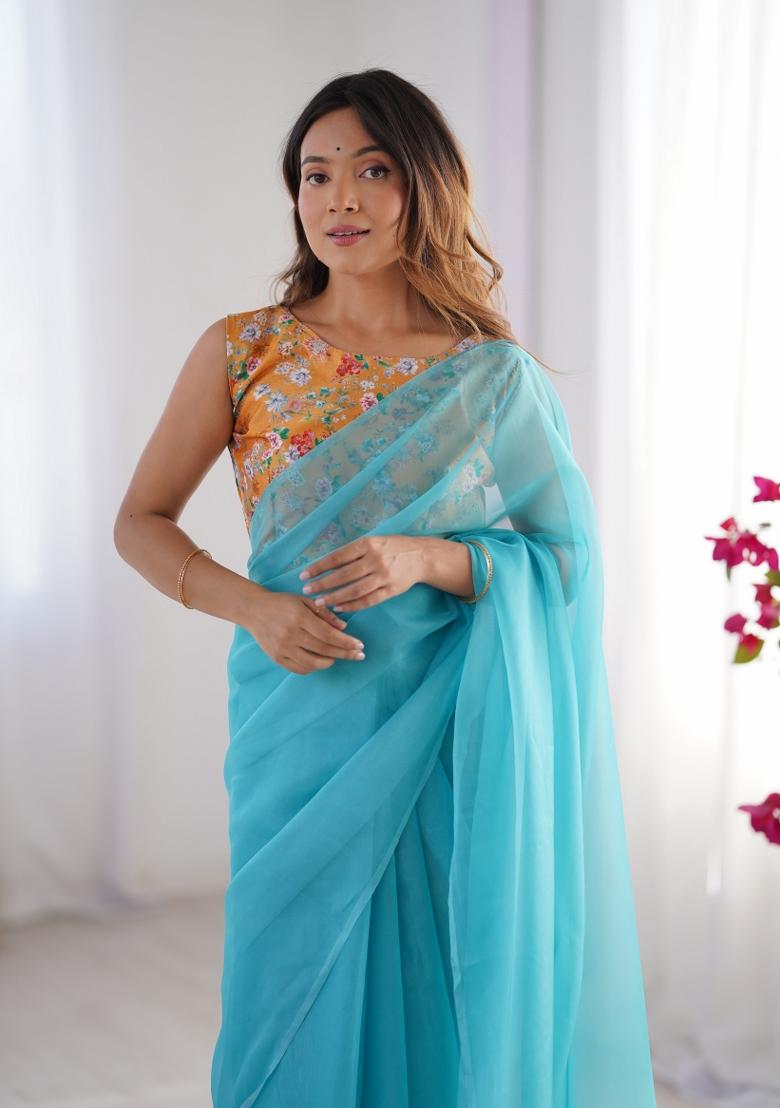 Orange Abstract Print Art Silk Saree Set