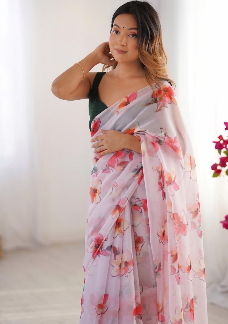 Green Abstract Print Organza Saree Set