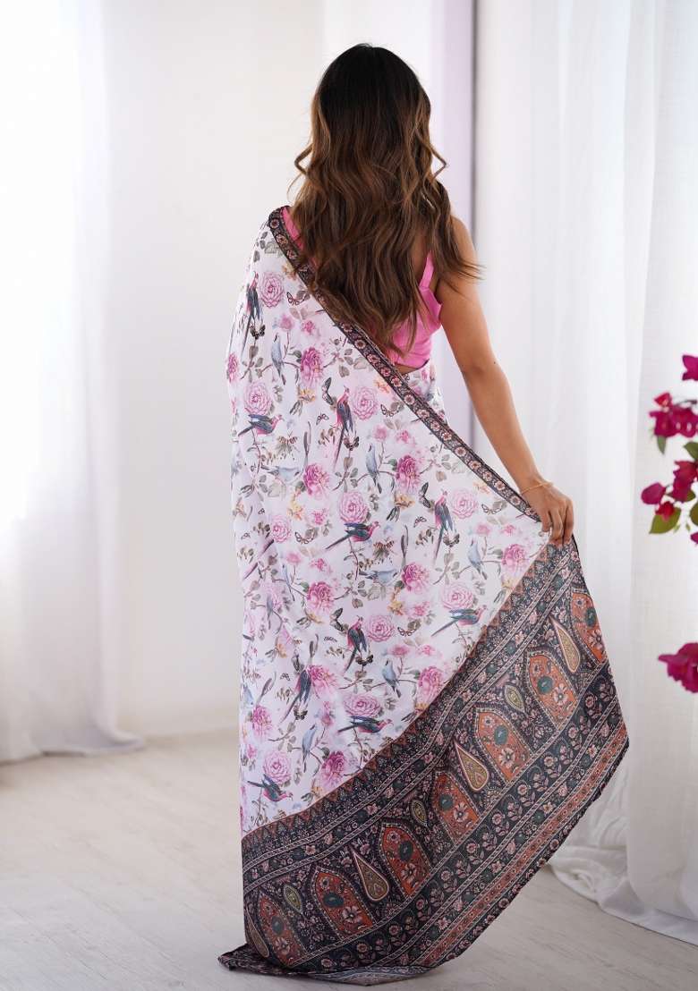 Pink Abstract Print Art Silk Saree Set - Indya