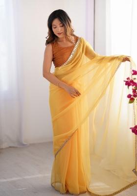 Mustard Yellow Abstract Print Organza Saree Set