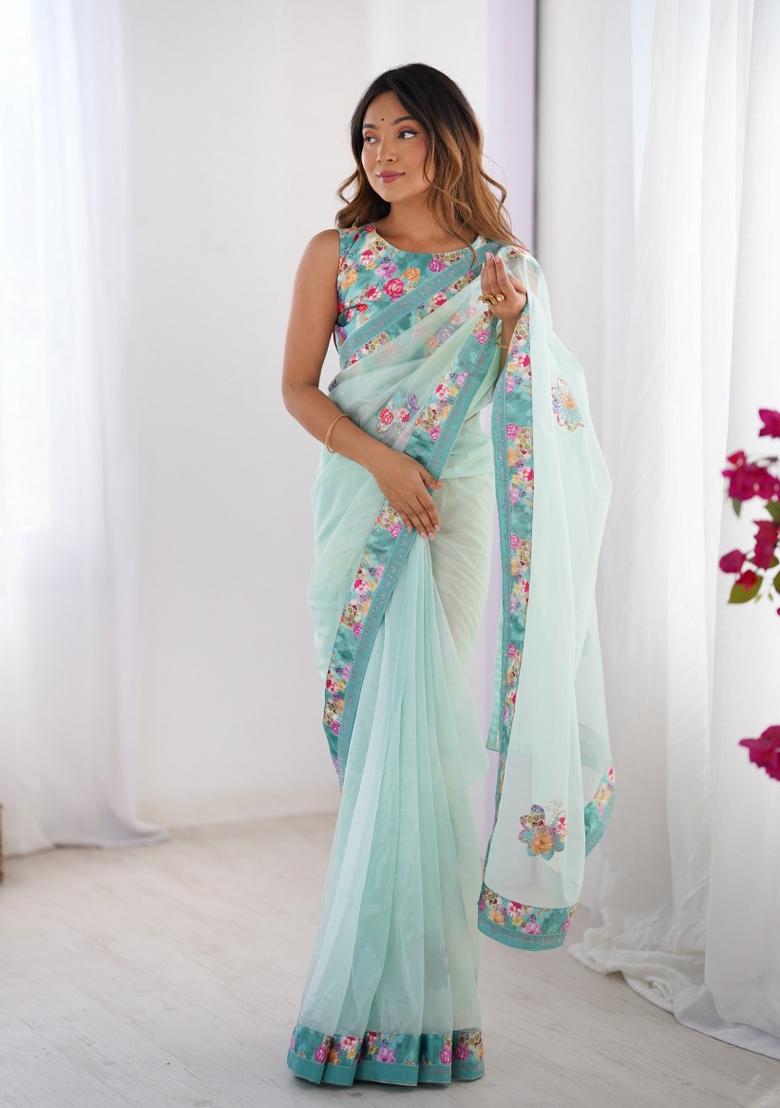 Multicolor Abstract Print Net Saree Set