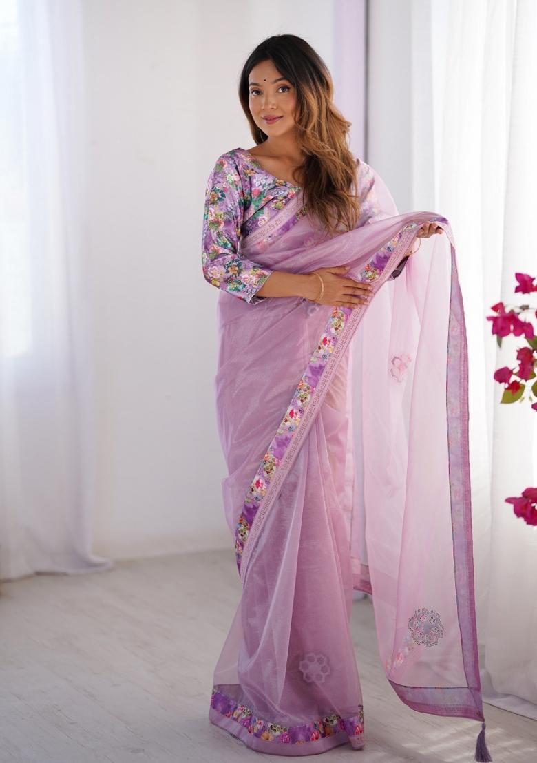 Purple Abstract Print Net Saree Set