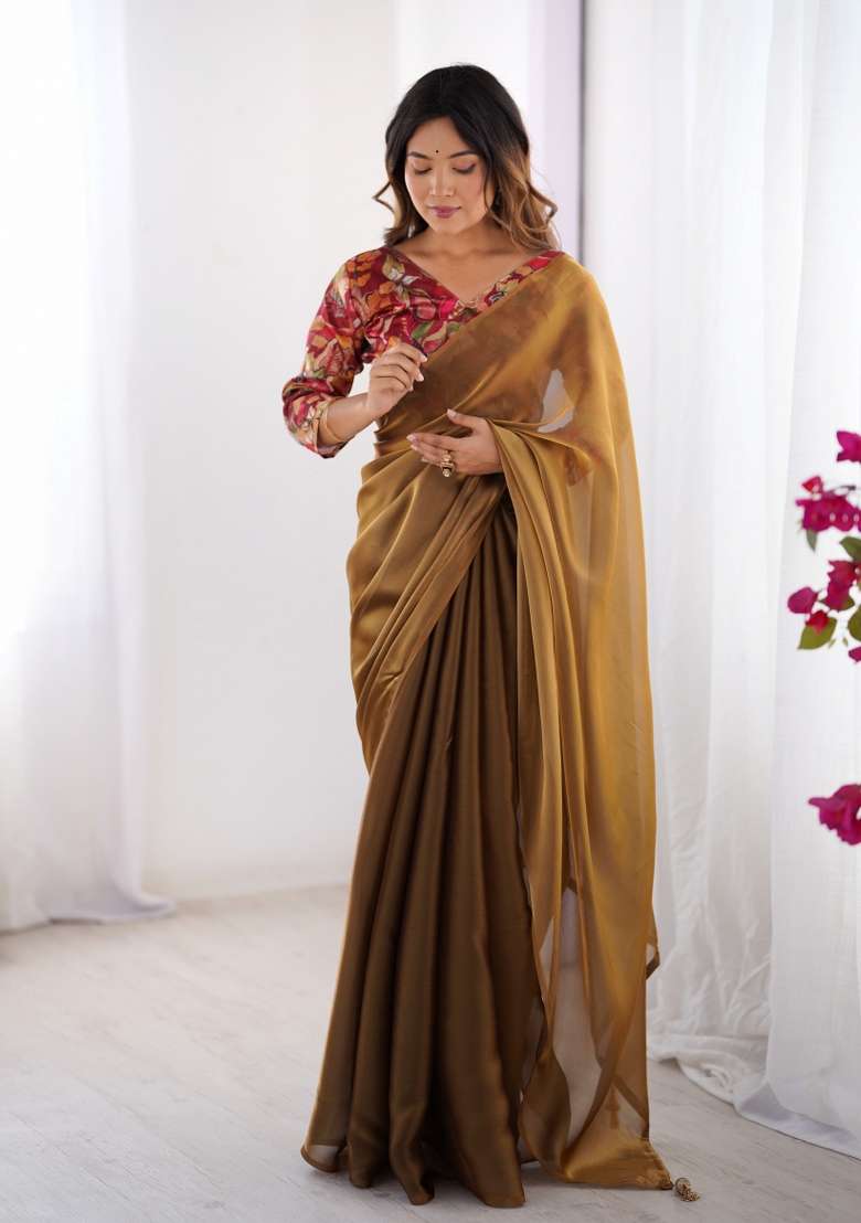 Multicolor Abstract Print Art Silk Saree Set - Indya