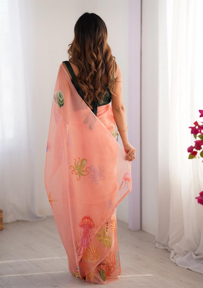 Green Abstract Print Organza Saree Set