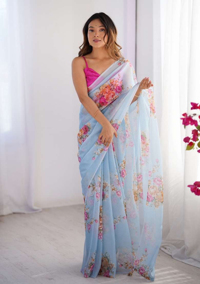 Pink Abstract Print Organza Saree Set - Indya