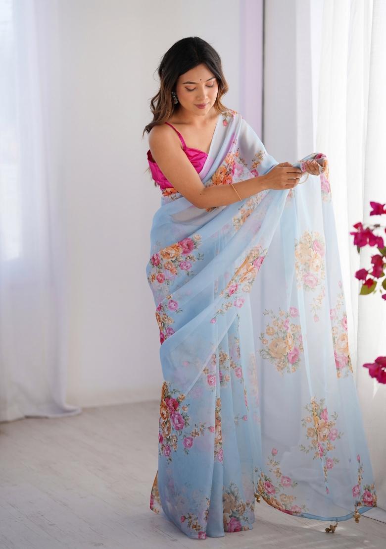 Pink Abstract Print Organza Saree Set