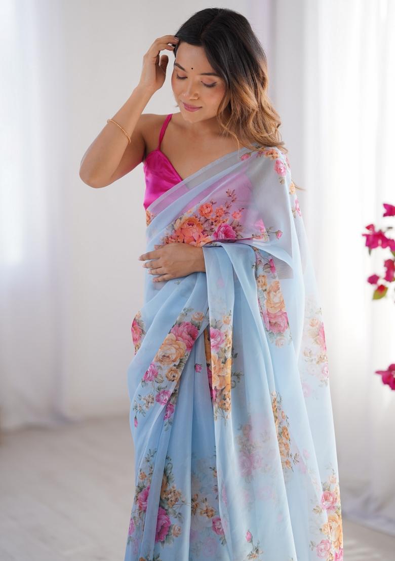 Pink Abstract Print Organza Saree Set