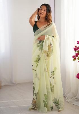 Green Abstract Print Organza Saree Set