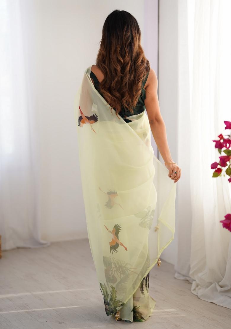 Green Abstract Print Organza Saree Set