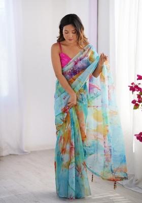 Pink Abstract Print Organza Saree Set