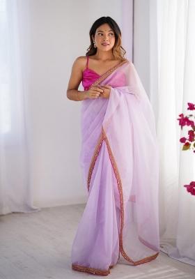 Pink Abstract Print Net Saree Set