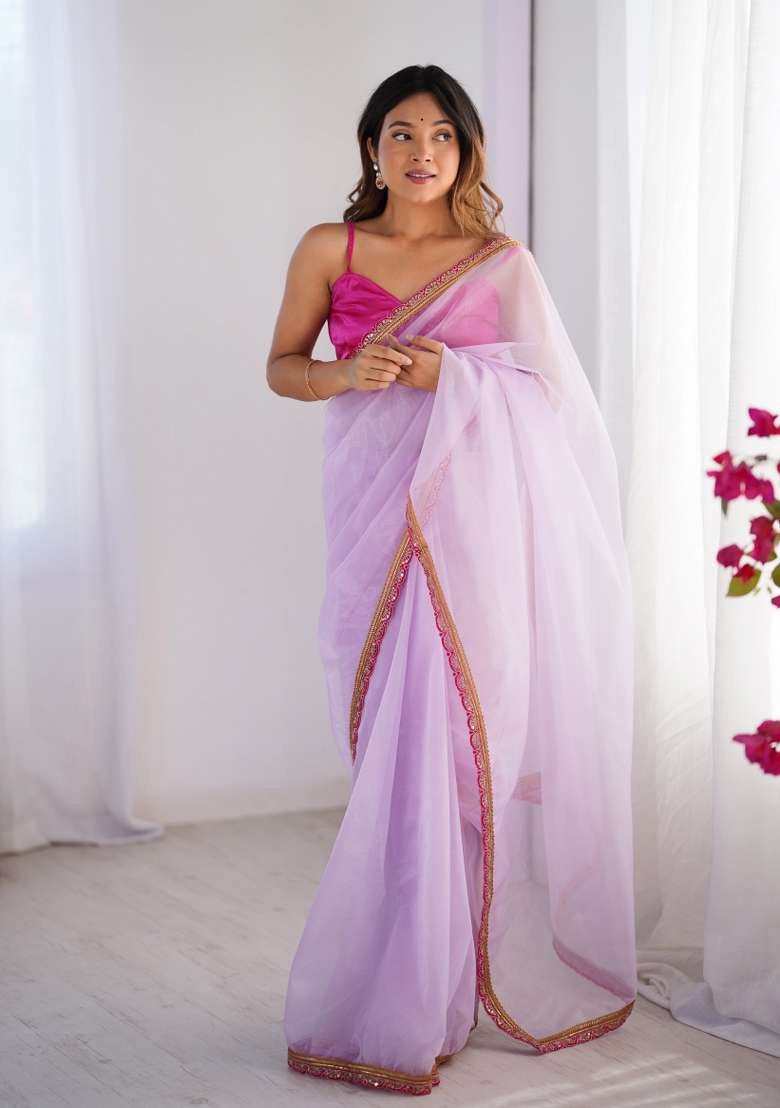 Pink Abstract Print Net Saree Set - Indya