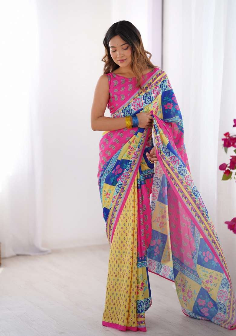 Pink Abstract Print Art Silk Saree Set - Indya