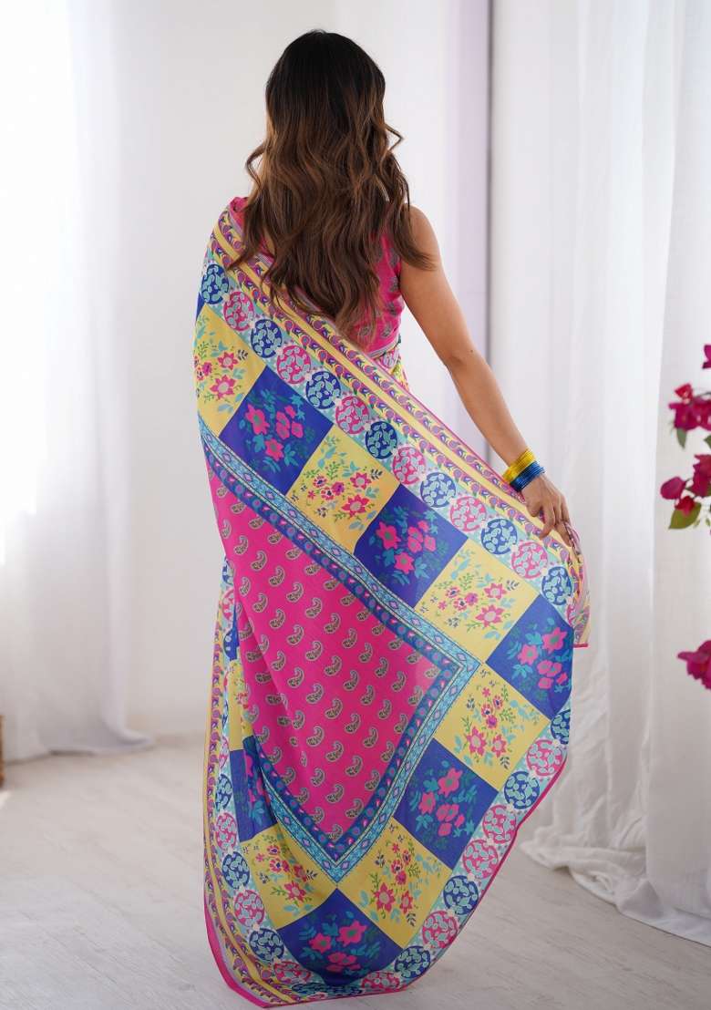Pink Abstract Print Art Silk Saree Set - Indya