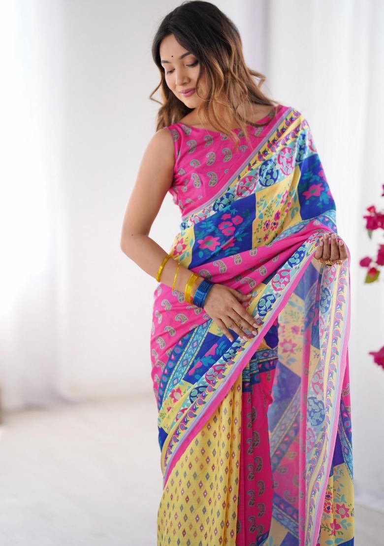 Pink Abstract Print Art Silk Saree Set