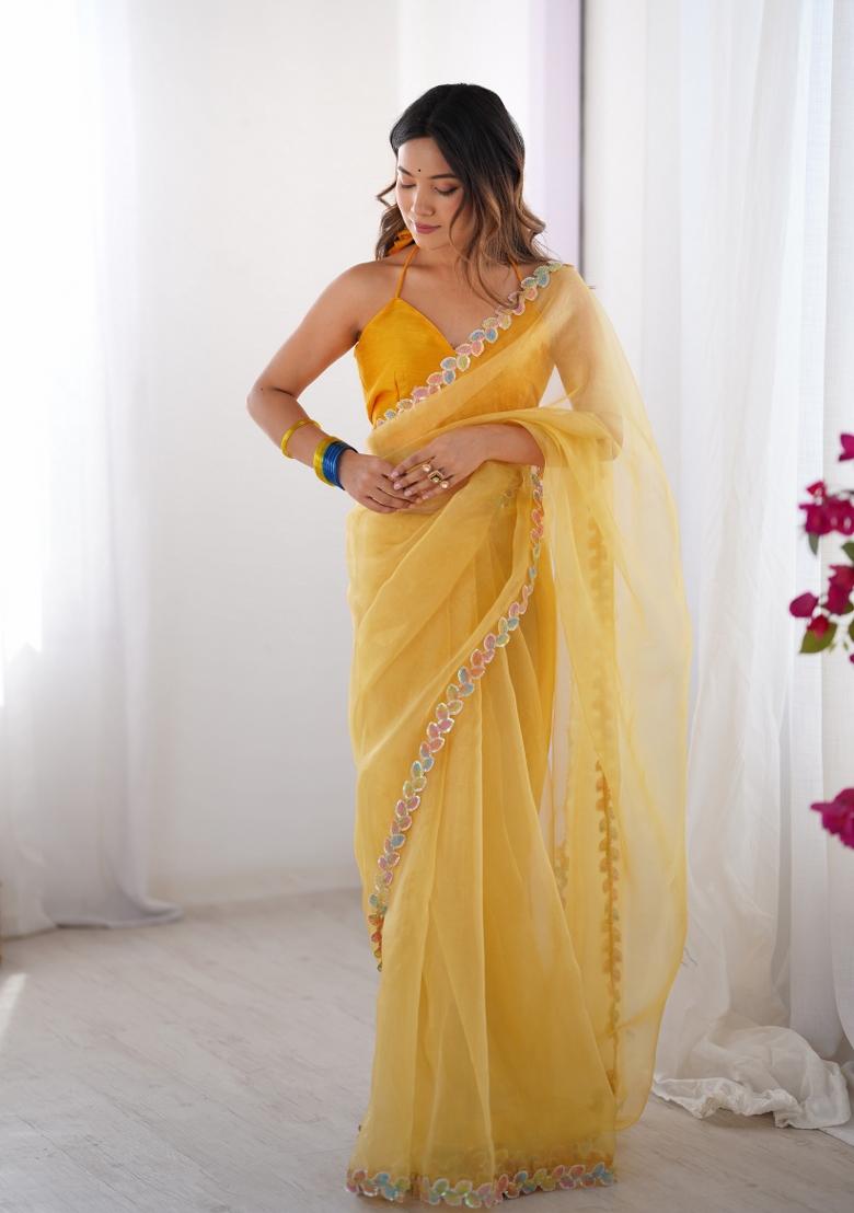 Yellow Abstract Print Art Silk Saree Set