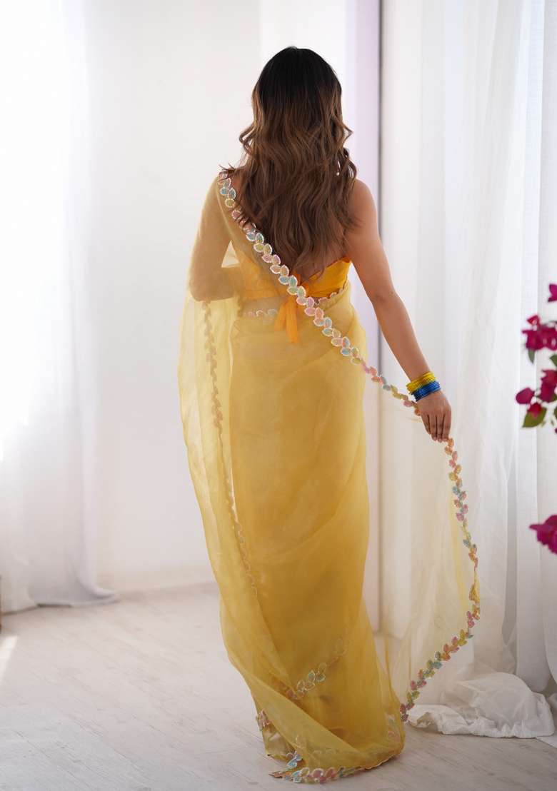 Yellow Abstract Print Art Silk Saree Set - Indya
