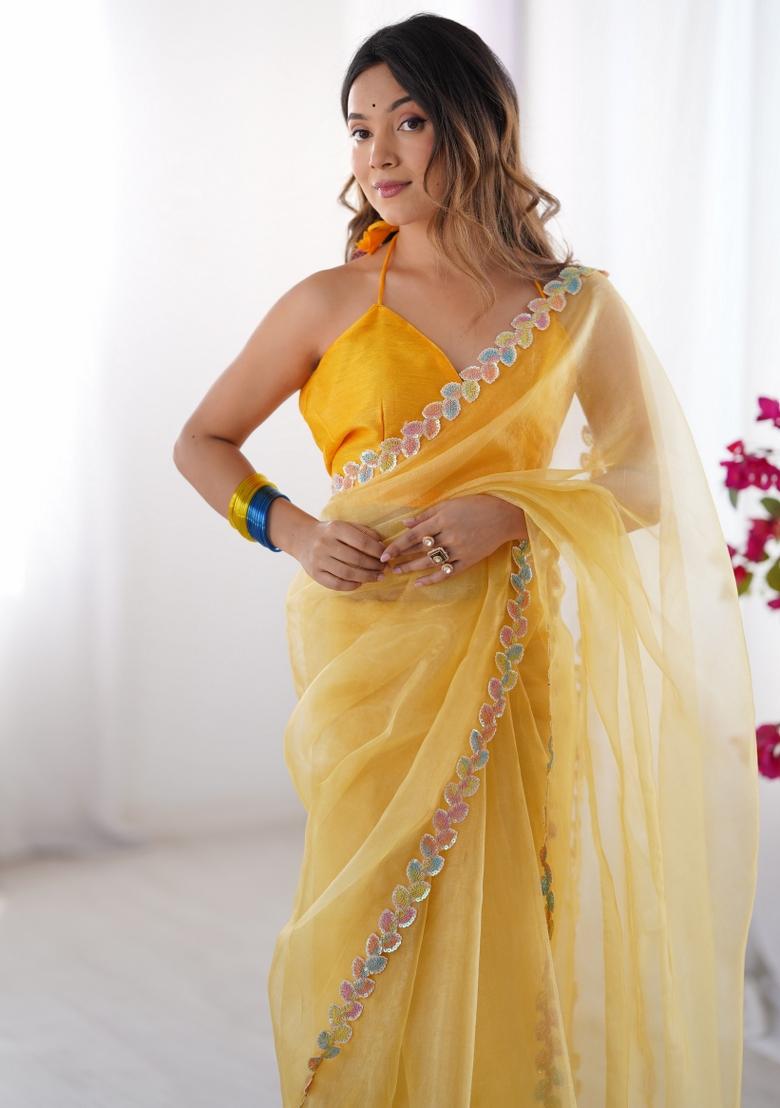 Yellow Abstract Print Art Silk Saree Set