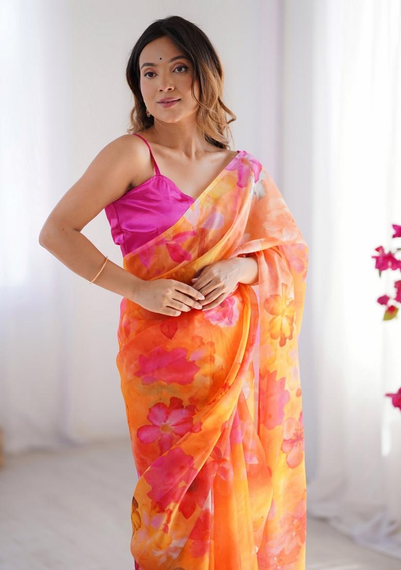 Pink Abstract Print Organza Saree Set