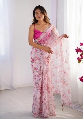 Pink Abstract Print Organza Saree Set