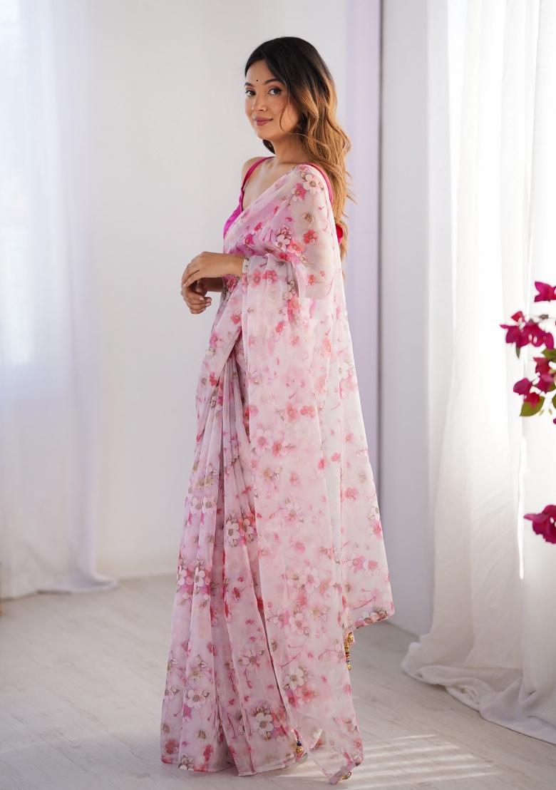 Pink Abstract Print Organza Saree Set